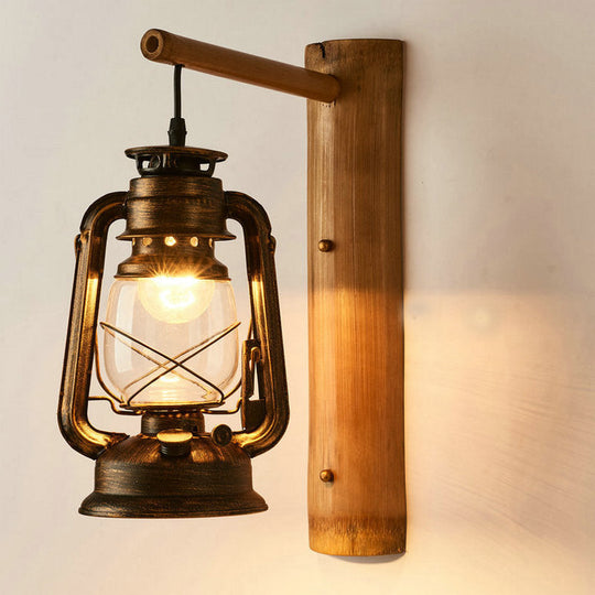 Coastal Lantern 1-Head Wall Light Sconce With Clear Glass And Bamboo Backplate