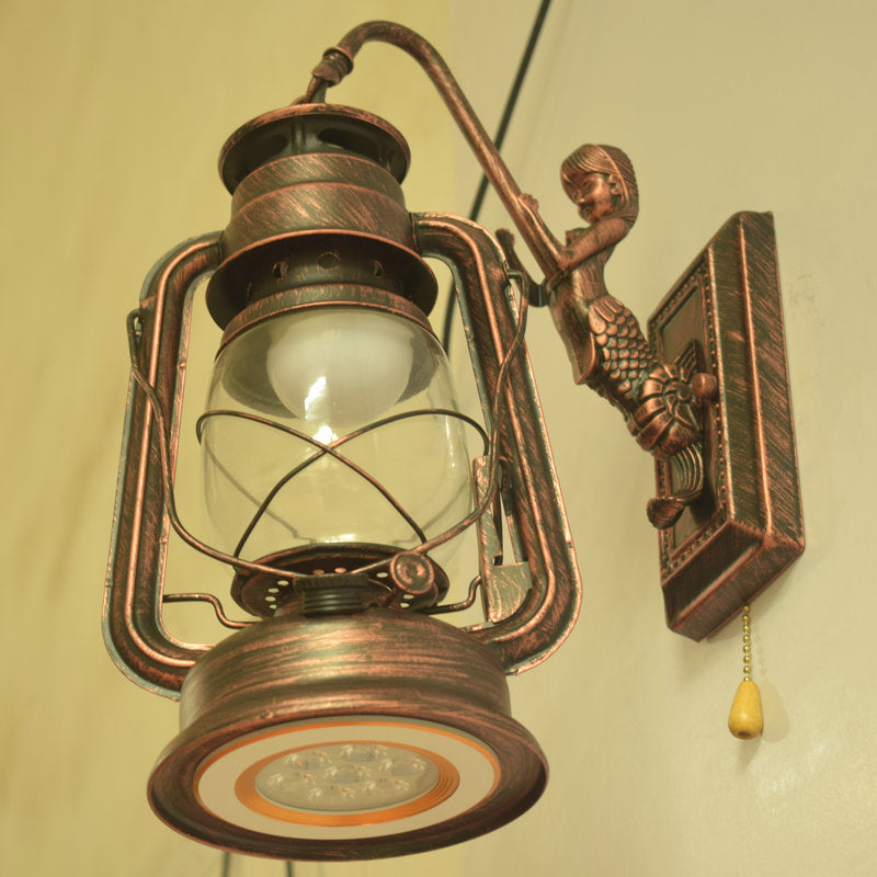 Industrial Kerosene Wall Lamp With Clear Glass And Mermaid Arm Pull Chain Sconce Copper