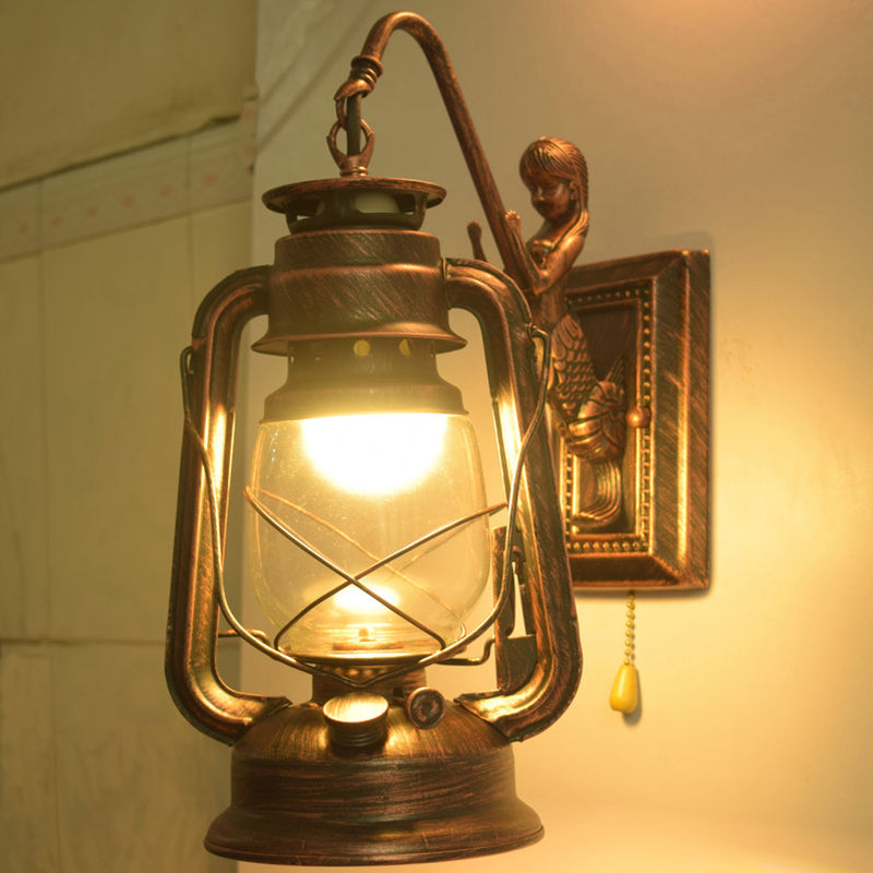 Industrial Kerosene Wall Lamp With Clear Glass And Mermaid Arm Pull Chain Sconce