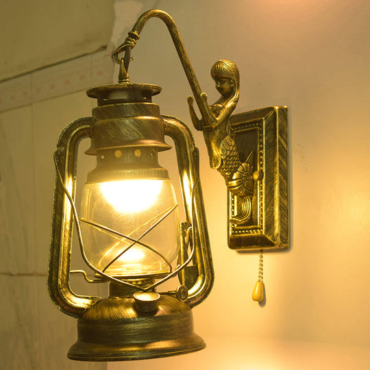 Industrial Kerosene Wall Lamp With Clear Glass And Mermaid Arm Pull Chain Sconce Bronze