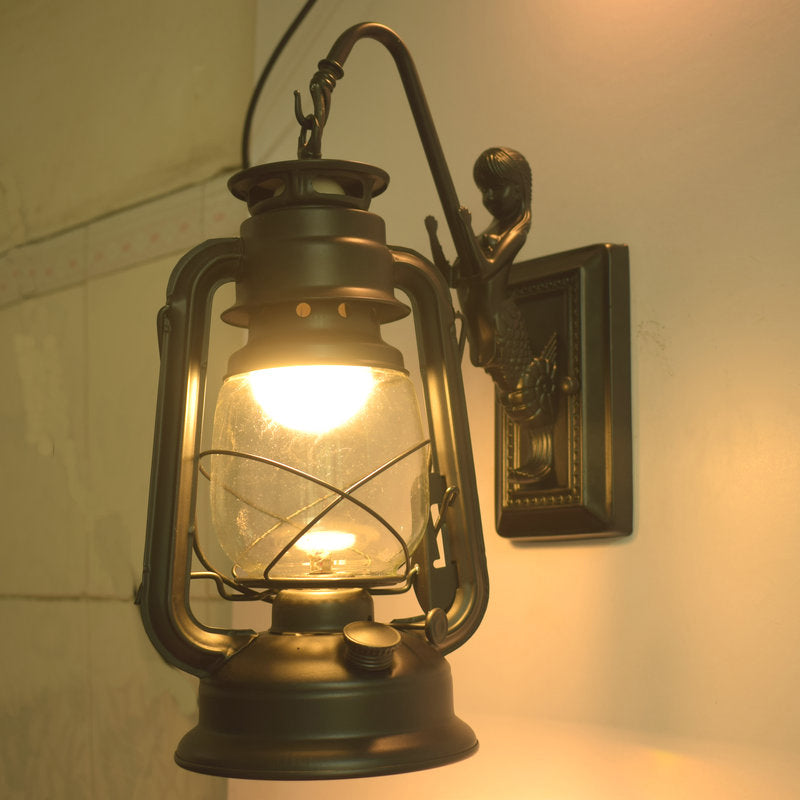 Industrial Kerosene Wall Lamp With Clear Glass And Mermaid Arm Pull Chain Sconce Black