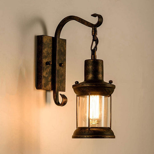 Coastal Glass Lantern Wall Sconce Light Fixture - Dining Room Lighting With Curved Arm Bronze