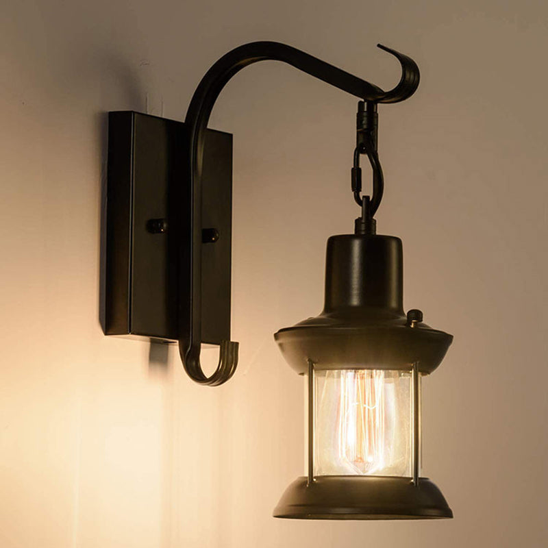 Coastal Glass Lantern Wall Sconce Light Fixture - Dining Room Lighting With Curved Arm Black
