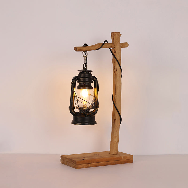Black Glass Kerosene Nightstand Table Light With Wood Cross Stand