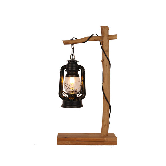 Black Glass Kerosene Nightstand Table Light With Wood Cross Stand