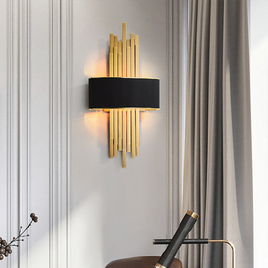 Modern Flute Wall Sconce With Curved Fabric Shade - 2 Bulb Metal Light Black / 12