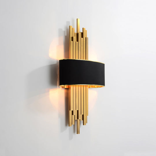 Modern Flute Wall Sconce With Curved Fabric Shade - 2 Bulb Metal Light