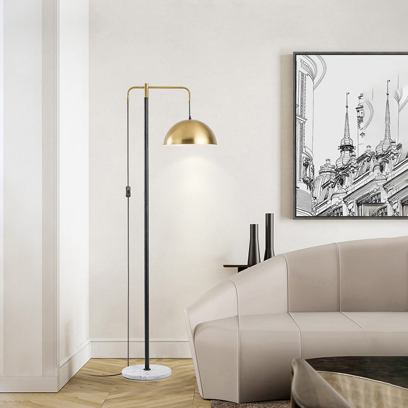 Sleek Brass Marble Floor Lamp With Dome Metal Shade - 1-Light Standing Light For Living Room