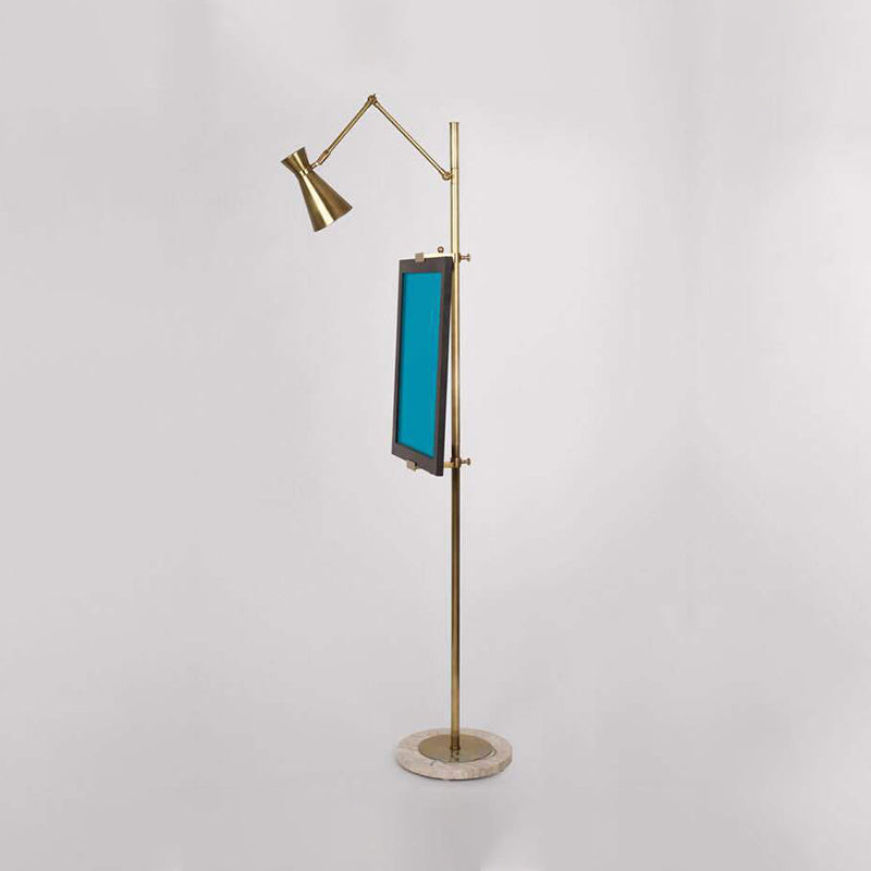 Modernist Metal Floor Lamp With Picture Clip - Brass Hourglass Stand Up Light 1 Bulb