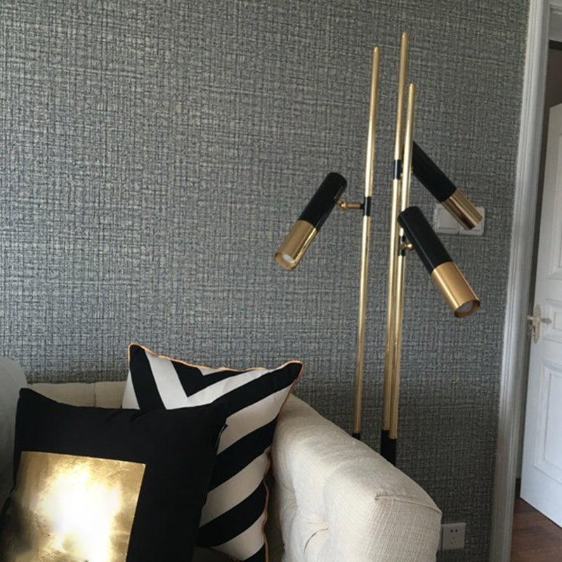 Contemporary Nordic 3-Headed Floor Light In Gold And Black Tube Design With Metallic Shade