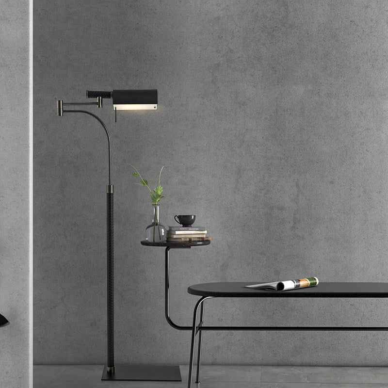 Contemporary Metal Half-Cylinder Floor Light: Black Leather Standing Lamp