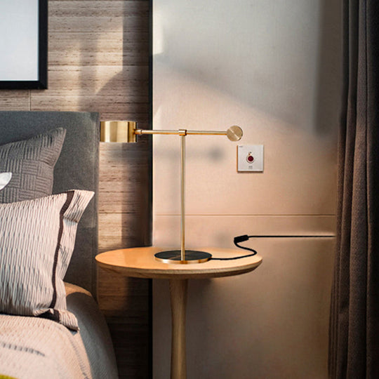 Modern Brass Table Lamp With Lever Design - Drum Shaped Bedroom Night Light