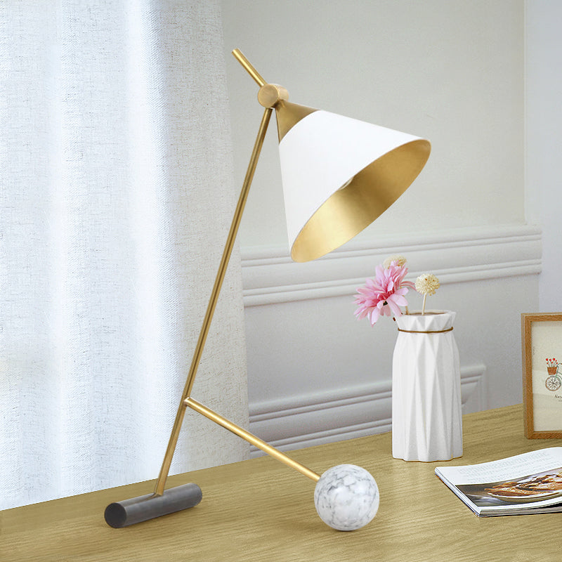 Simple Cone Nightstand Lamp With Metallic Finish And Bipod Base