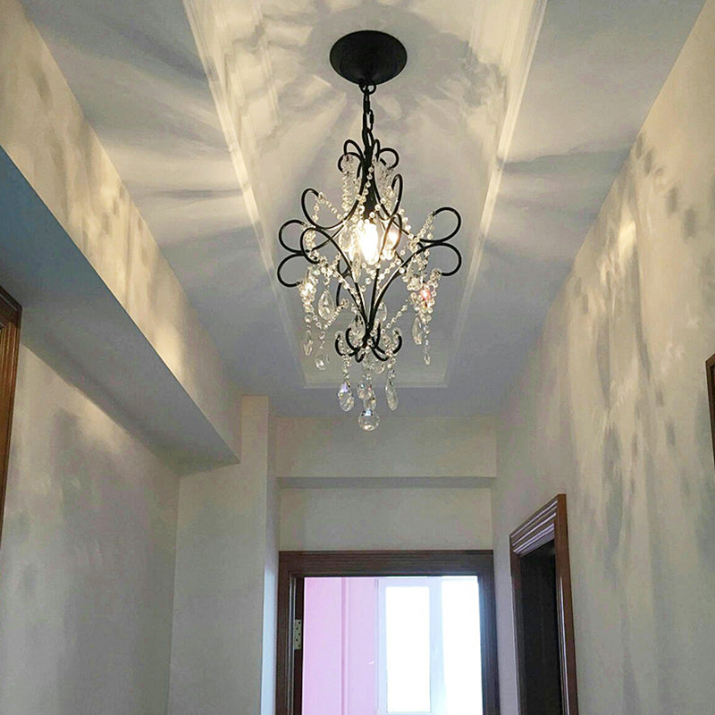 Country Style 1-Light Metal Hanging Ceiling Light With Crystal Droplet For Corridor Black