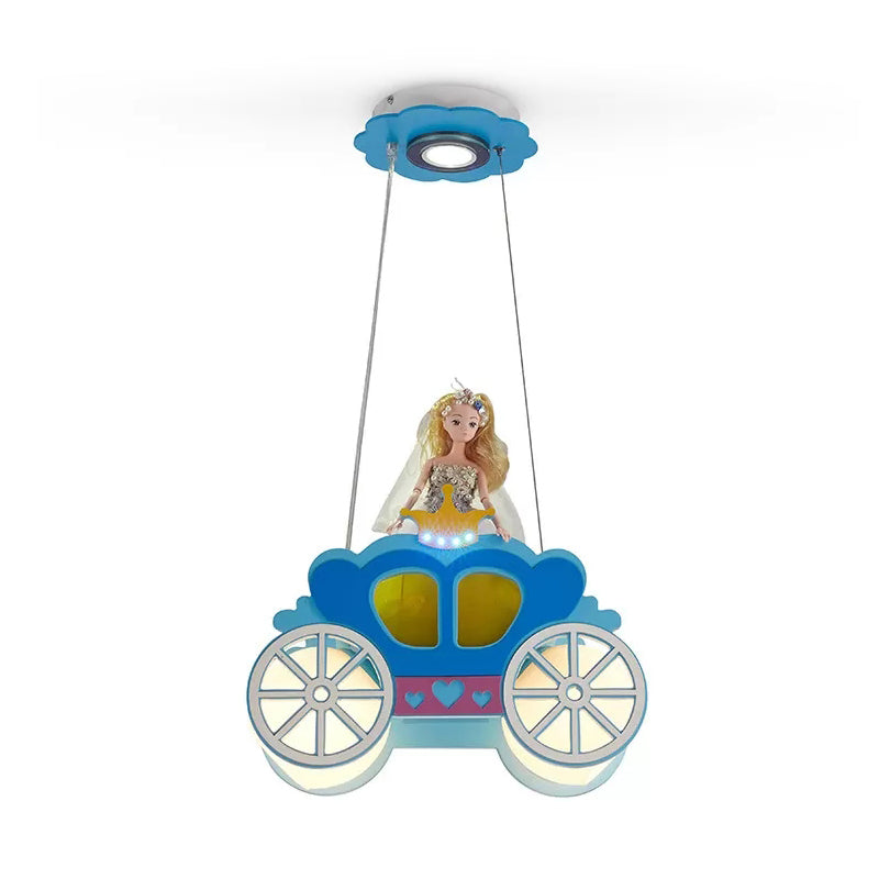 Princess Girls Bedroom Wood Car Pendant Light - Blue Cartoon Chandelier With Two Lights