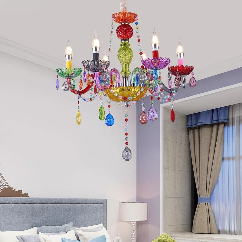 Multi-Colored Glass Chandelier with Teardrop Crystals for Kids Room