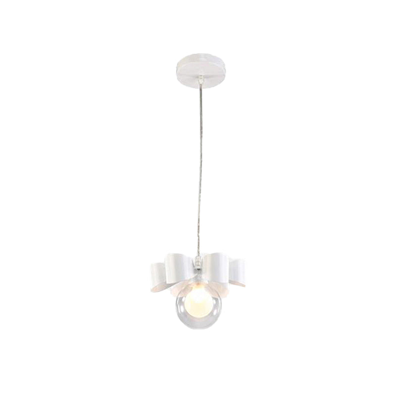 Modern White Glass Orb Pendant Light With Bow Deco - 1-Light Restaurant Hanging Fixture