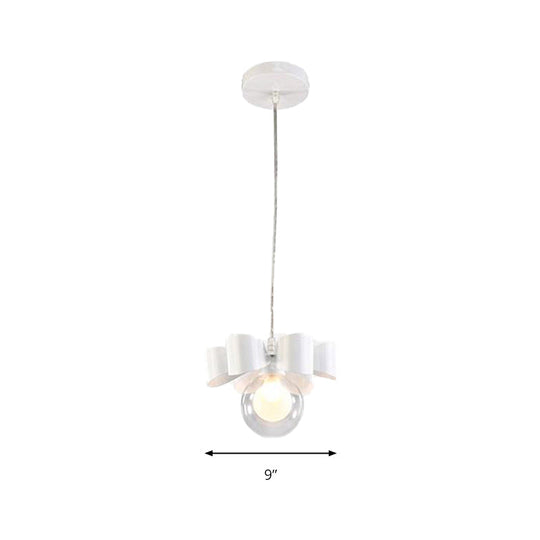 Modern White Glass Orb Pendant Light With Bow Deco - 1-Light Restaurant Hanging Fixture