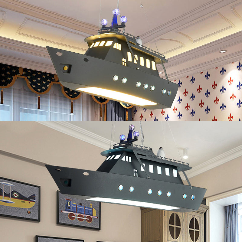 Modern Metal Ship Pendant Lamp For Childs Bedroom - Creative Hanging Light In Gray