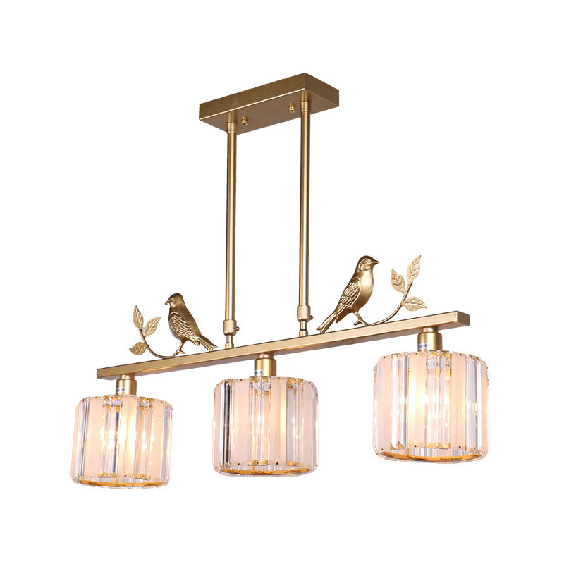 Postmodern Black/Gold Crystal Prism Pendant Lamp With Bird And Leaf Decoration - 3-Bulb Cylinder