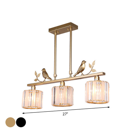 Postmodern Black/Gold Crystal Prism Pendant Lamp With Bird And Leaf Decoration - 3-Bulb Cylinder