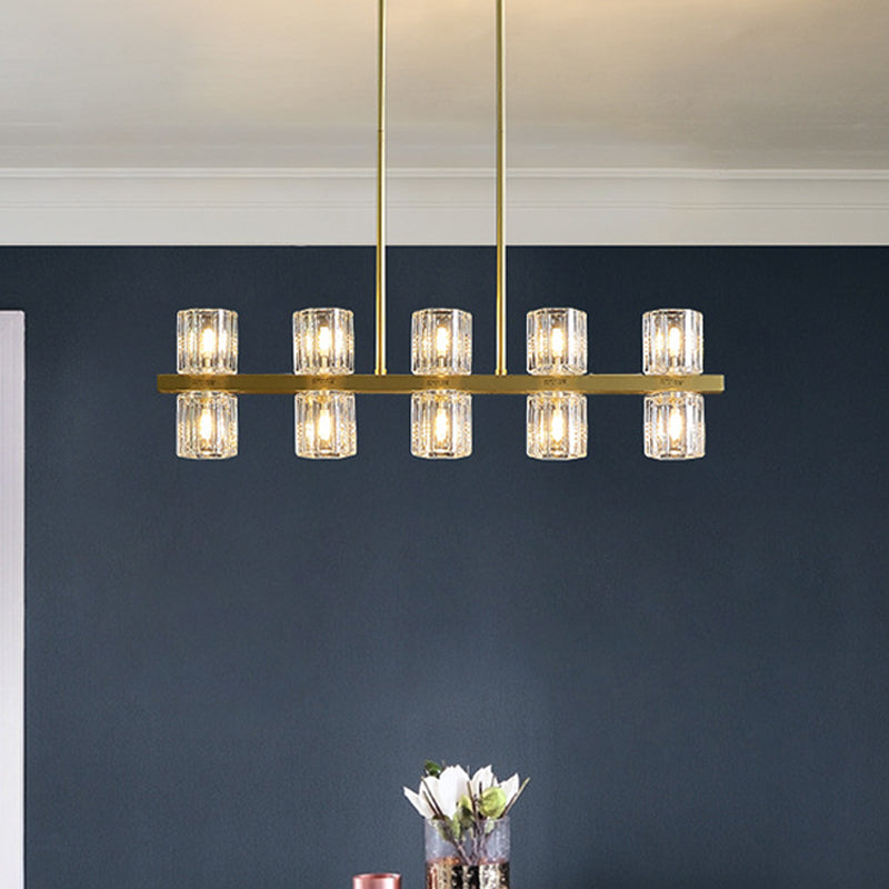 Modern Golden Cylindrical Crystal Pendant Light With 10/20 Island Lights For Dining Tables 10 / Gold