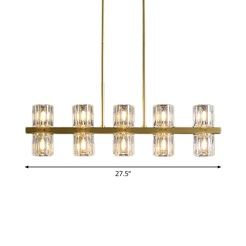 Modern Golden Cylindrical Crystal Pendant Light With 10/20 Island Lights For Dining Tables