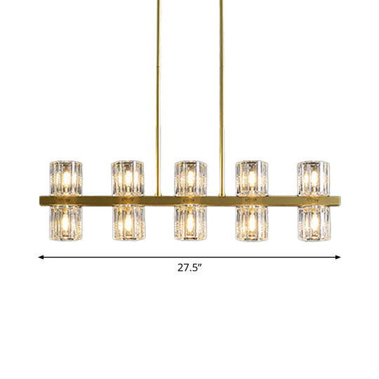 Modern Golden Cylindrical Crystal Pendant Light With 10/20 Island Lights For Dining Tables