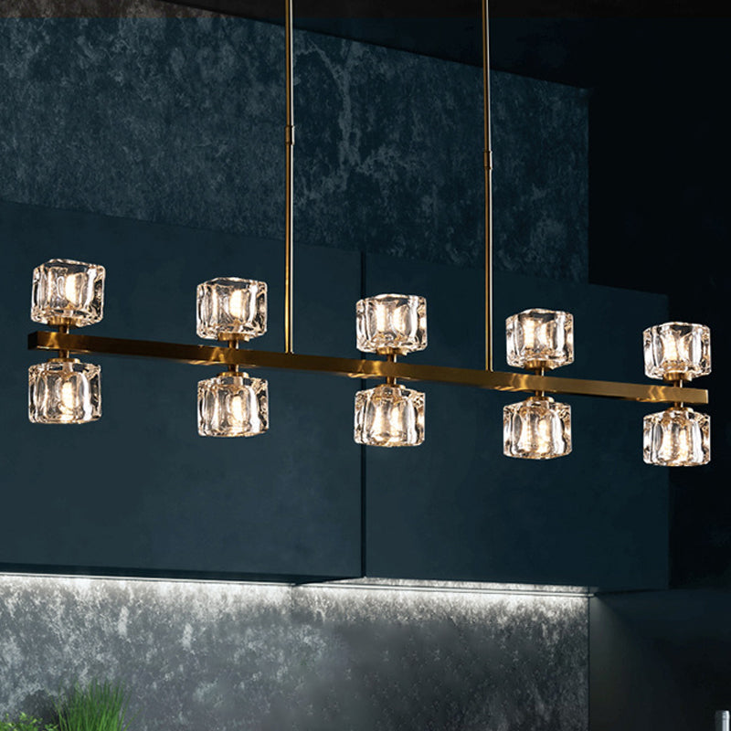 Ice Cube Crystal Pendant Light - Minimalist Gold Dining Room Island Lamp (5/10 Heads)