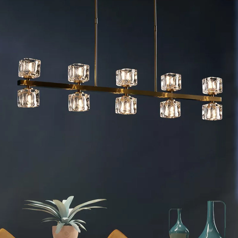 Ice Cube Crystal Pendant Light - Minimalist Gold Dining Room Island Lamp (5/10 Heads)