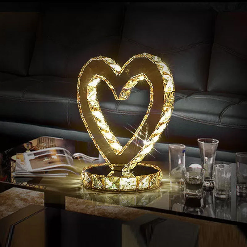 Stainless Steel Heart Shaped Led Table Lamp In Warm/White Light - Modern Crystal Design For Bedroom