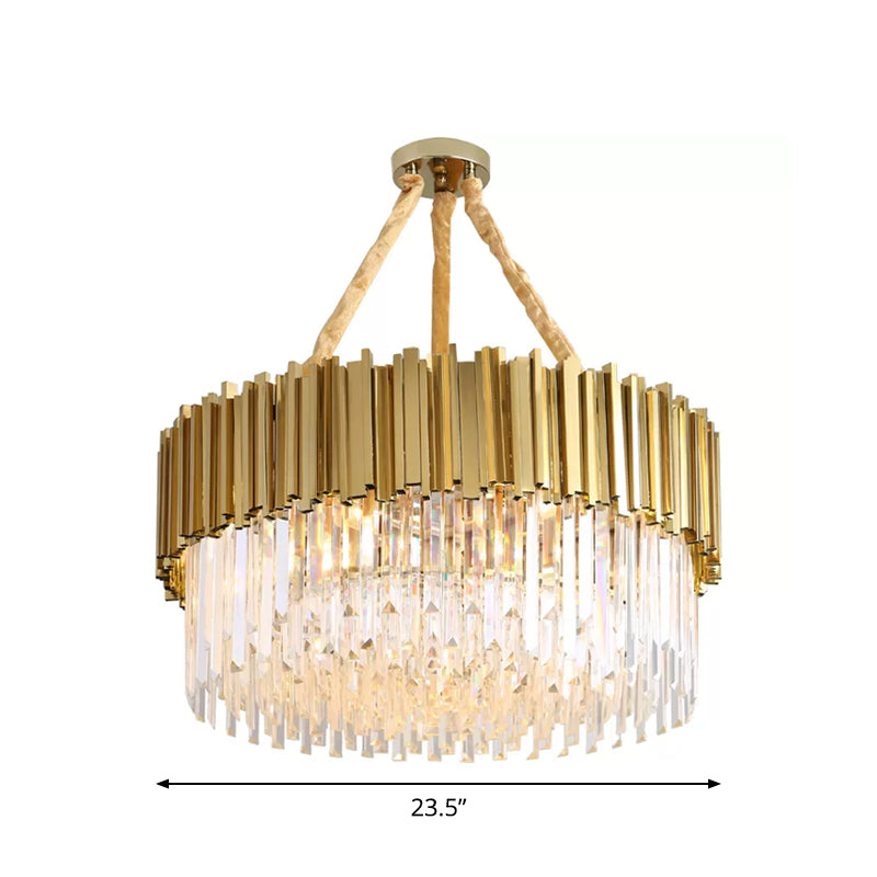 Contemporary Gold LED Chandelier with Tri-Sided Crystal Rods and Hanging Light Kit - Dining Room Drum/Ellipse Design, 19.5"/23.5"/47" Width