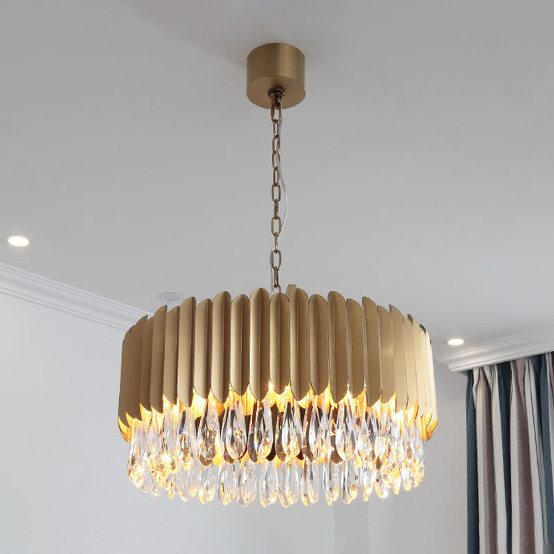 Minimalist Metal Drum Led Pendant Chandelier With Crystal Drip - 23.5/31.5 Width Black/Gold Gold /