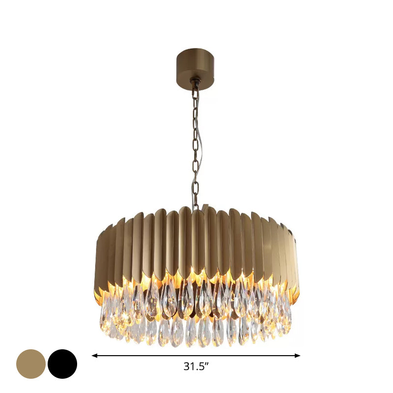 Minimalist Metal Drum Suspension Lamp with LED Pendant Chandelier - 23.5" x 31.5" - Black/Gold with Crystal Drip