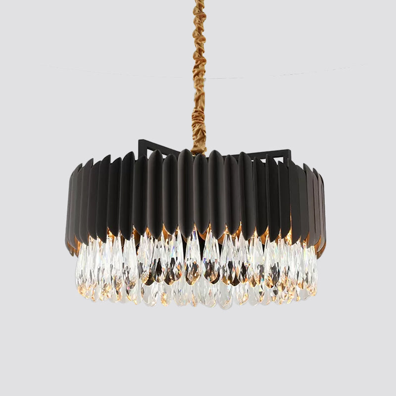 Minimalist Metal Drum Suspension Lamp with LED Pendant Chandelier - 23.5" x 31.5" - Black/Gold with Crystal Drip