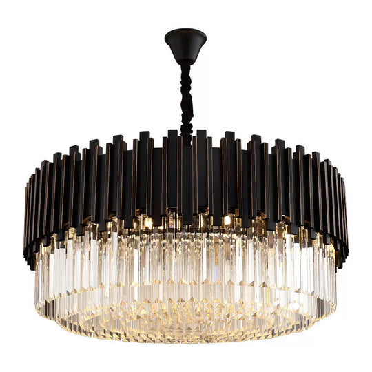 Modern Black Crystal Chandelier - Drum Shaped Pendant Lamp for Bedroom - 8/12/16-Bulb Options - Small/Medium/Large