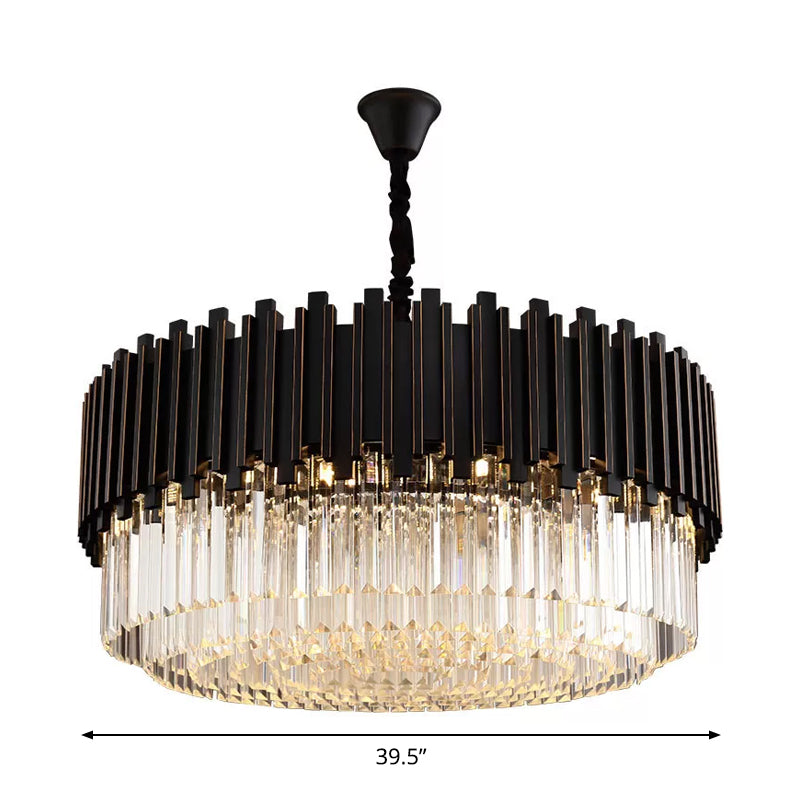 Modern Black Crystal Chandelier - Drum Shaped Pendant Lamp for Bedroom - 8/12/16-Bulb Options - Small/Medium/Large