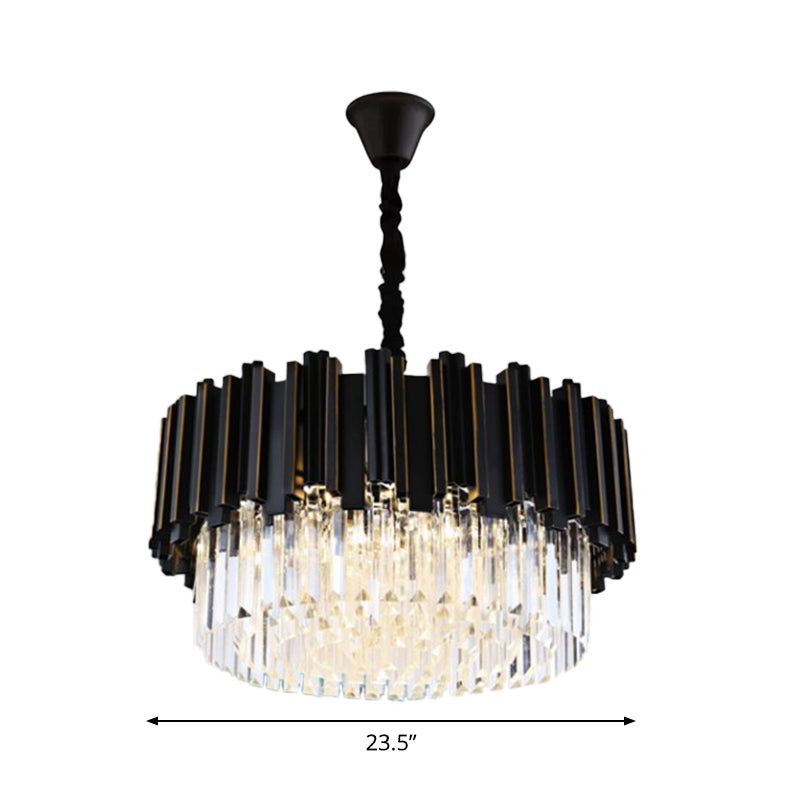 Modern Black Crystal Chandelier - Drum Shaped Pendant Lamp for Bedroom - 8/12/16-Bulb Options - Small/Medium/Large