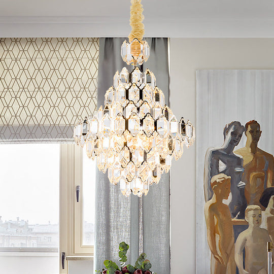 Modern 8/10-Head Silver Cone Pendant Lamp With Clear K9 Crystal Chandelier Light - Stylish And