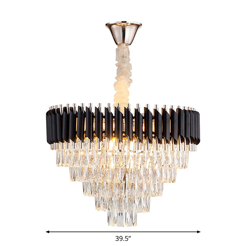 Modern Black K9 Crystal Prism Cone Chandelier Pendant - 10/13/33 Lights - Living Room Down Lighting