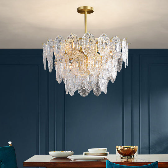Scalloped Glass Chandelier - Modern Gold Pendant Light with 2/3/4 Tiers & 6/12/16 Bulbs for Dining Room Suspension