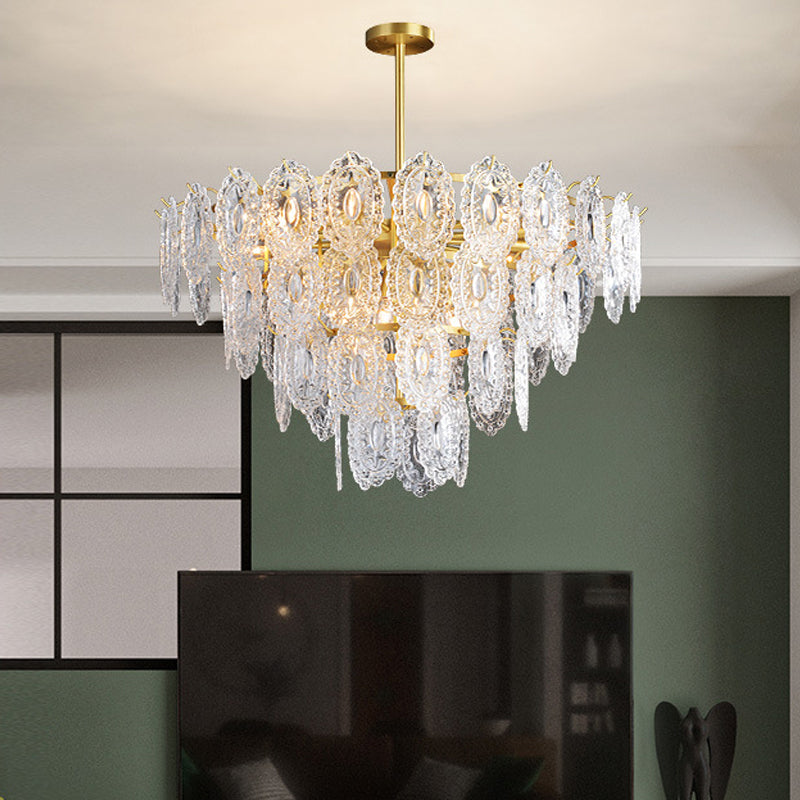 Scalloped Glass Chandelier With 2-4 Tiers And Modern Gold Suspension - Available In 6-16 Bulbs For