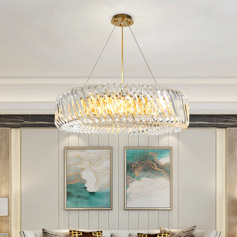 Minimalist 4/8/12-Light Gold Drum Pendant with Clear K9 Crystal Chandelier Fixture