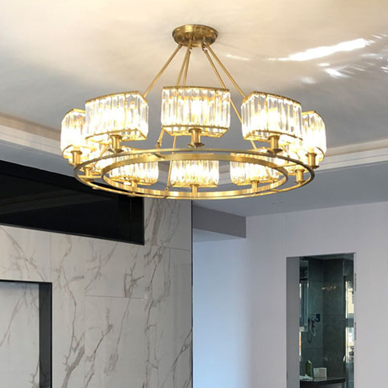 Modern Gold Circle Chandelier Pendant Light With Clear Crystal Prisms - 6/8/10 Bulb Dining Room