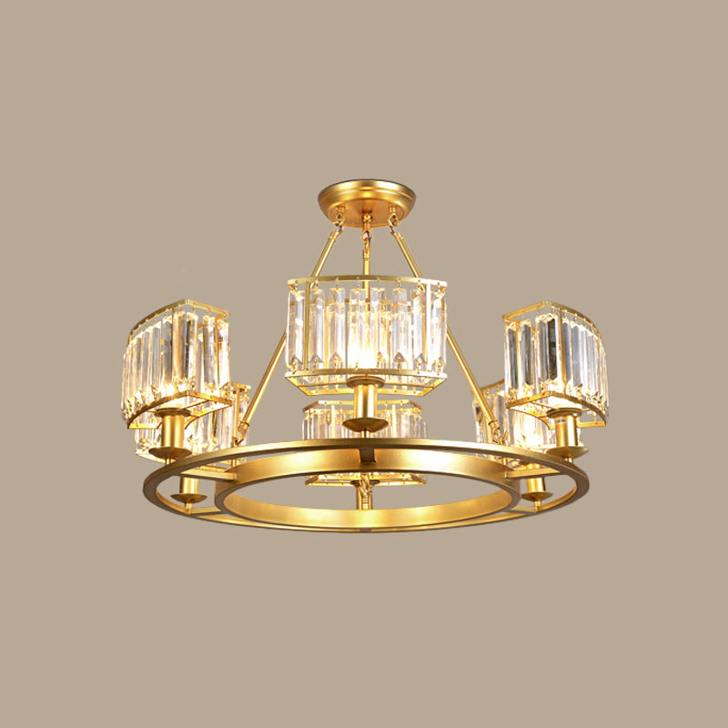 Modern Gold Circle Chandelier Pendant Light With Clear Crystal Prisms - 6/8/10 Bulb Dining Room