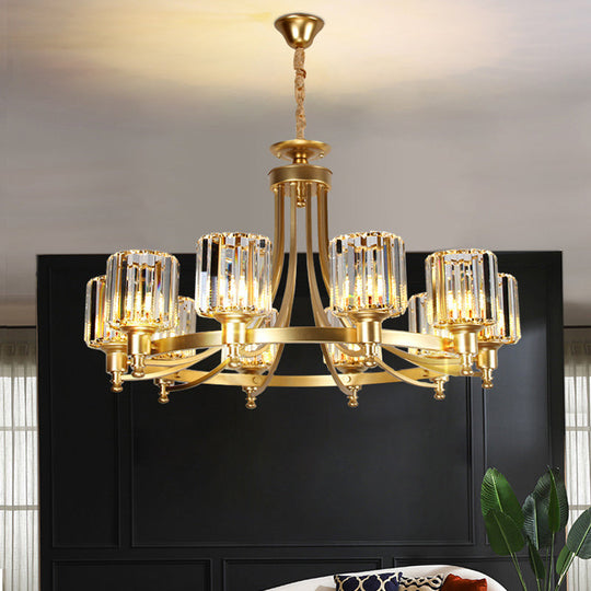 Postmodern Cylinder Chandelier 8/10-Light Prismatic Crystal Drop Lamp Black/Gold - Ideal For Living
