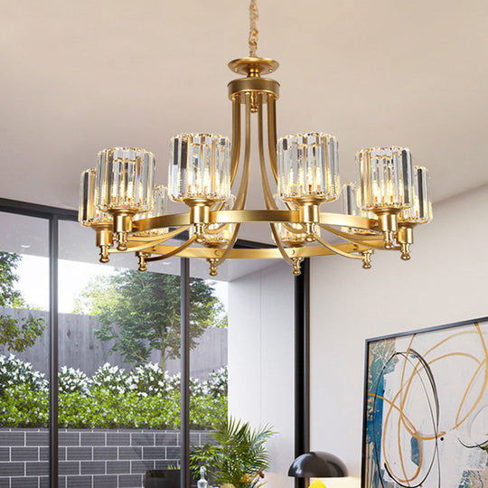 Postmodern Cylinder Chandelier - Prismatic Crystal Drop Lamp (8/10 Lights) - Black/Gold - Living Room