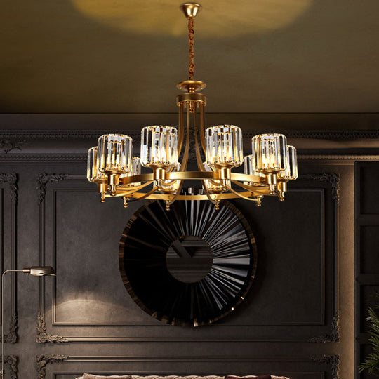 Postmodern Cylinder Chandelier - Prismatic Crystal Drop Lamp (8/10 Lights) - Black/Gold - Living Room