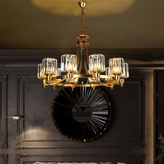 Postmodern Cylinder Chandelier 8/10-Light Prismatic Crystal Drop Lamp Black/Gold - Ideal For Living