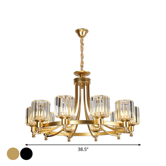 Postmodern Cylinder Chandelier 8/10-Light Prismatic Crystal Drop Lamp Black/Gold - Ideal For Living